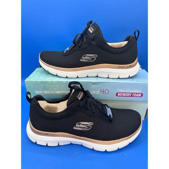 Skechers Women's Flex Appeal 4.0 Brilliant View Sneaker Blk Rose Gold Trim Sz6.5 - Picture 1 of 7